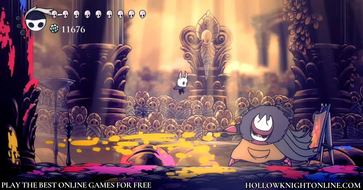 Hollow Knight boss battle in the Colosseum with colorful attacks and enemies