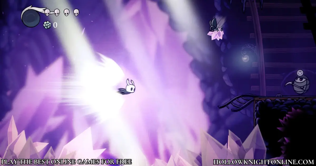 Hollow Knight using crystal dash ability in Crystal Peak with purple crystal energy