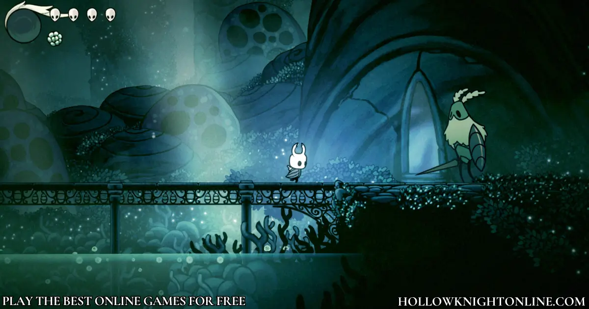 Hollow Knight gameplay in Greenpath area with green environment and hostile creature