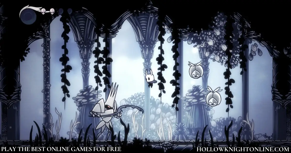 Hollow Knight gameplay showing enemy encounter in ancient ruined hall
