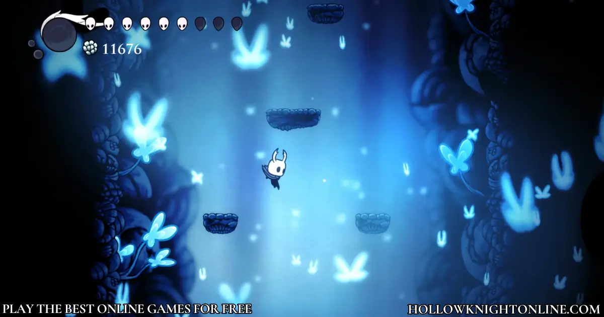 Hollow Knight platforming gameplay with glowing blue lights and floating platforms