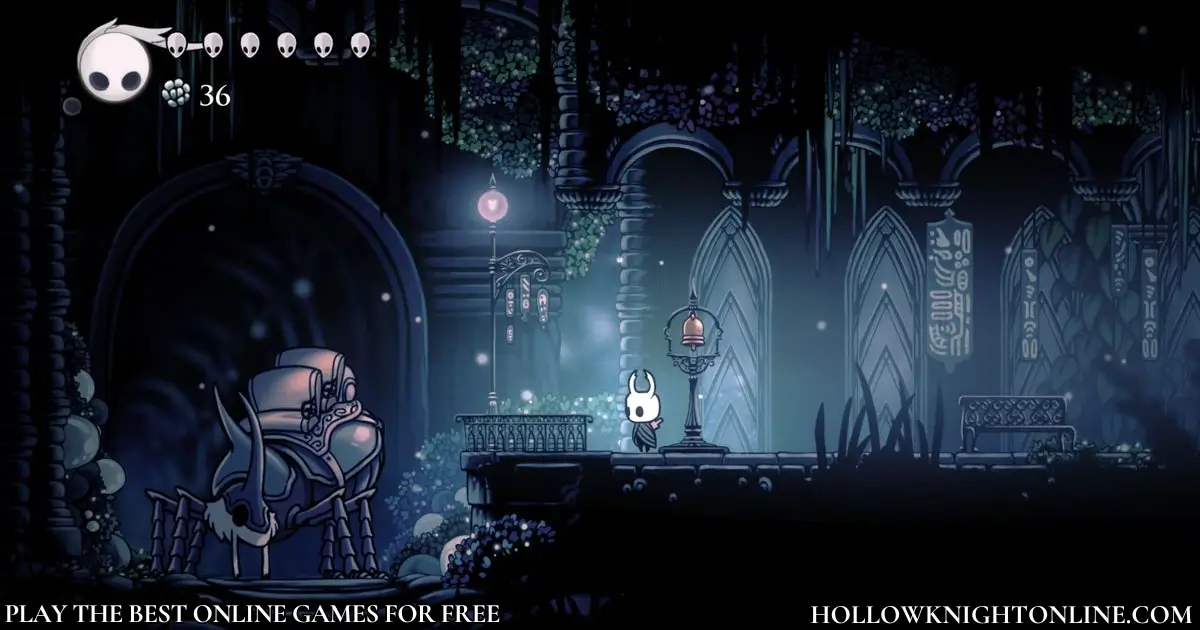 Hollow Knight gameplay scene inside an underground city with enemies and blue lighting