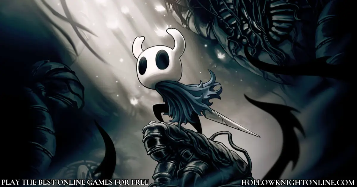 Hollow Knight hero character standing on a cliff in cinematic artwork style