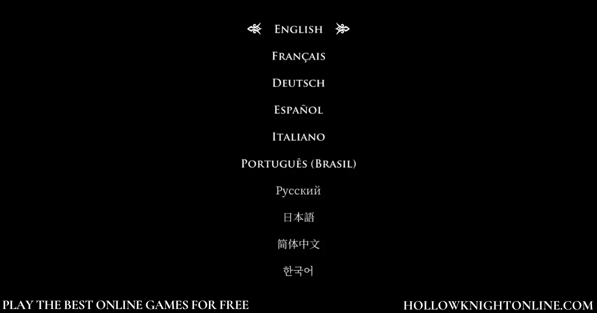 Hollow Knight language selection menu with multiple supported languages