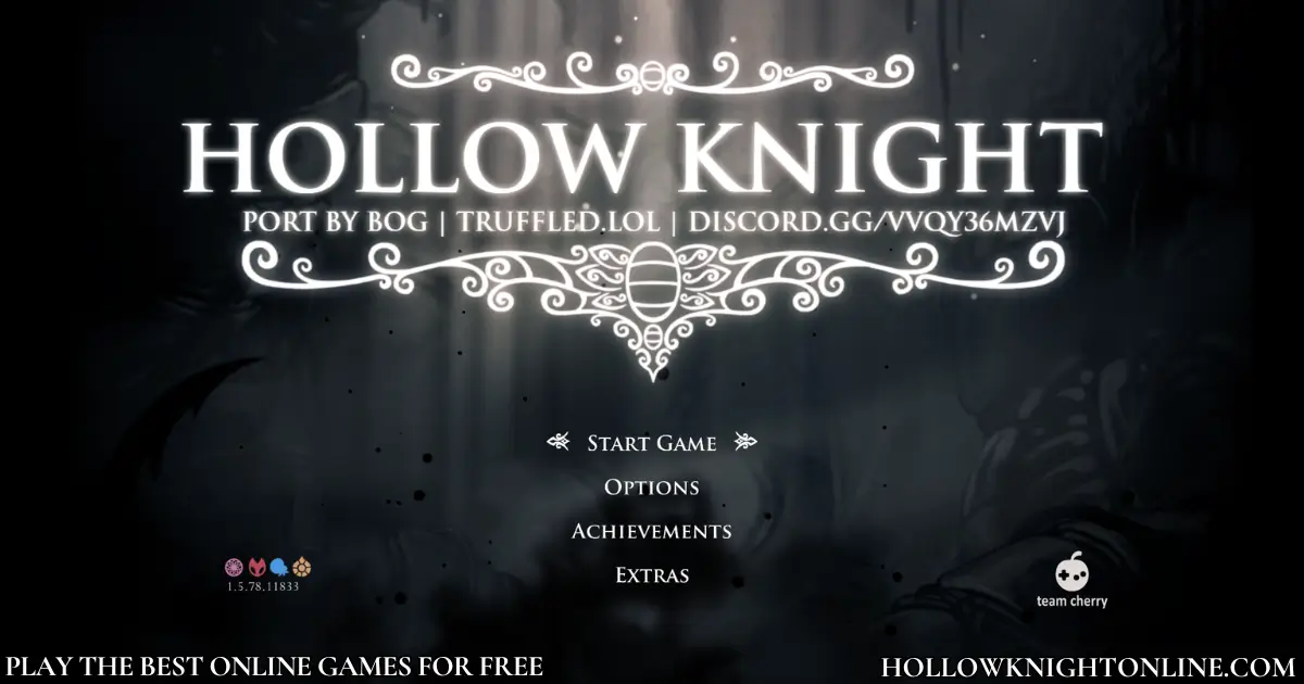 Hollow Knight main menu screen showing start game options and dark fantasy atmosphere