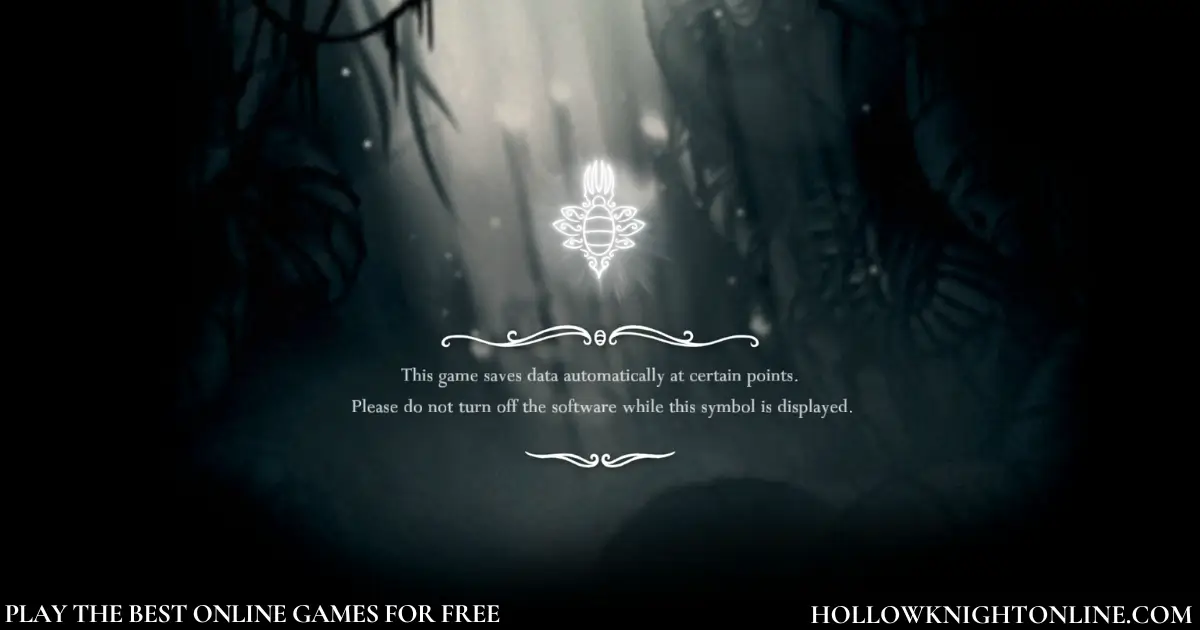 Hollow Knight save screen with glowing symbol and automatic save notification
